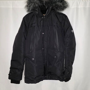 Point Zero Black Puffer Jacket Men’s Small Faux Fur Hood Winter Coat
